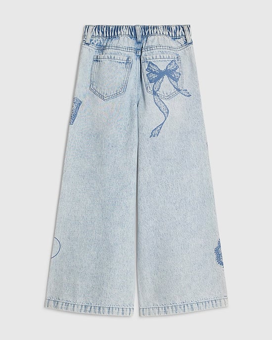 River Island Girls Wide Leg Jeans Blue Bow Etched Denim - Image 4
