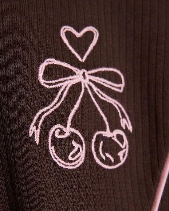 River Island Girls Polo Dress Brown Ribbed Zip Cherry Bow - Image 2