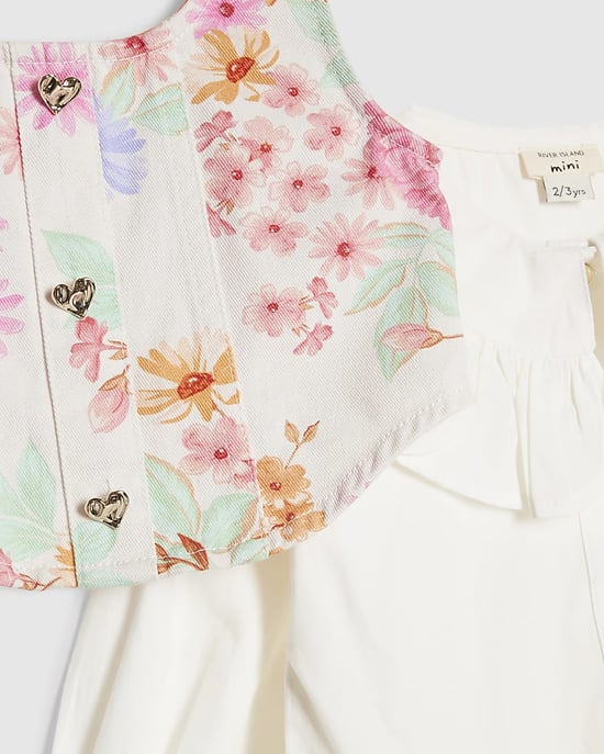 River Island Mini Girls Shirt Dress White Floral 2-In-1 - Image 4