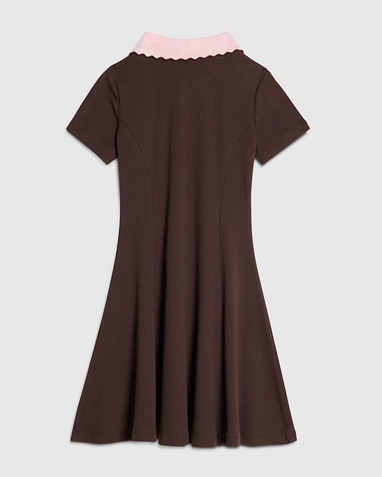 River Island Girls Polo Dress Brown Ribbed Zip Cherry Bow - Image 4