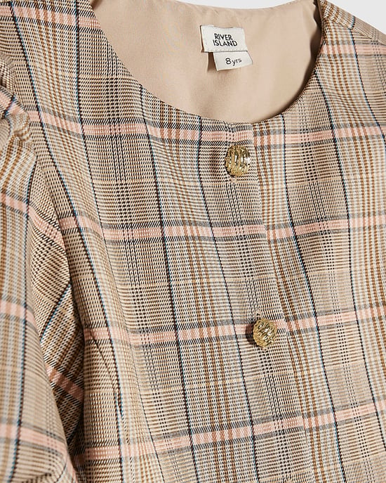 River Island Girls Dress Brown Check Pleated Bow Hem - Image 2