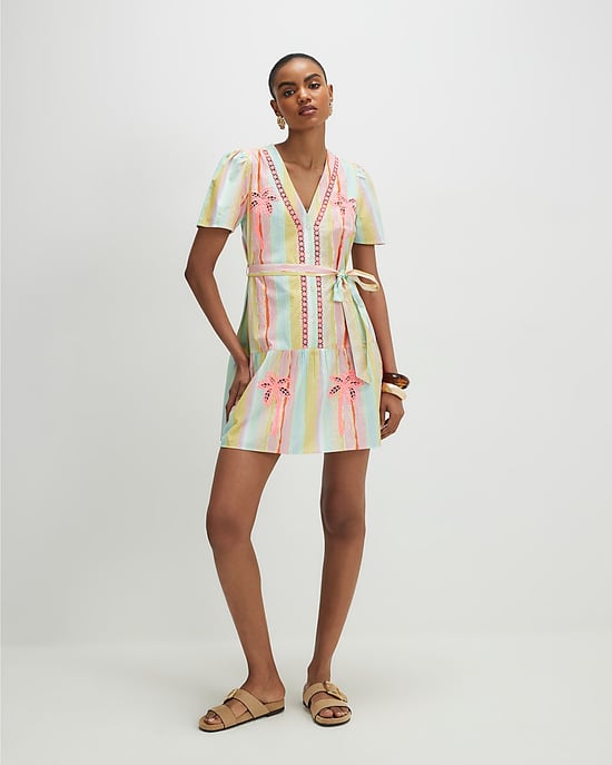 River Island Womens Shirt Mini Dress Pink Neon Cotton Striped Cutwork - Image 2