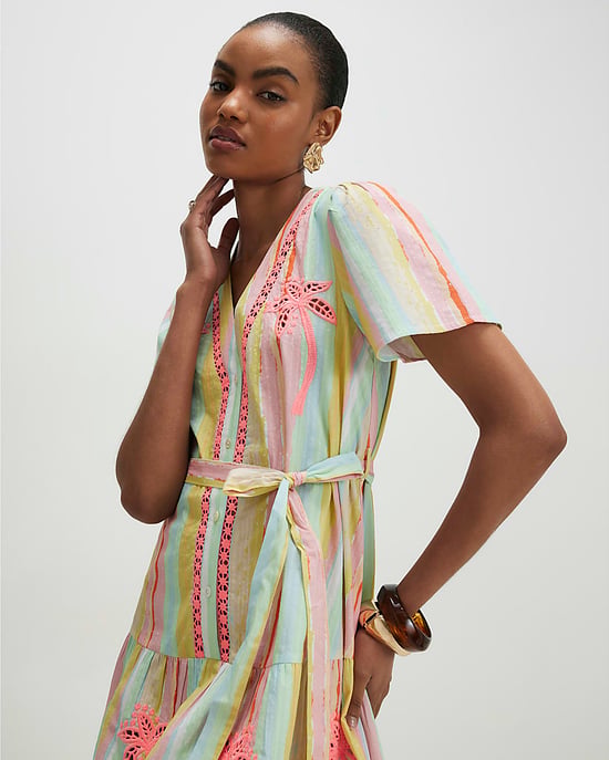 River Island Womens Shirt Mini Dress Pink Neon Cotton Striped Cutwork - Image 3