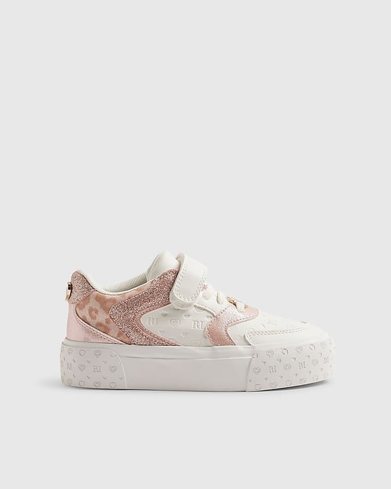 River Island Girls Trainers White Monogram Glitter Leopard - Image 2