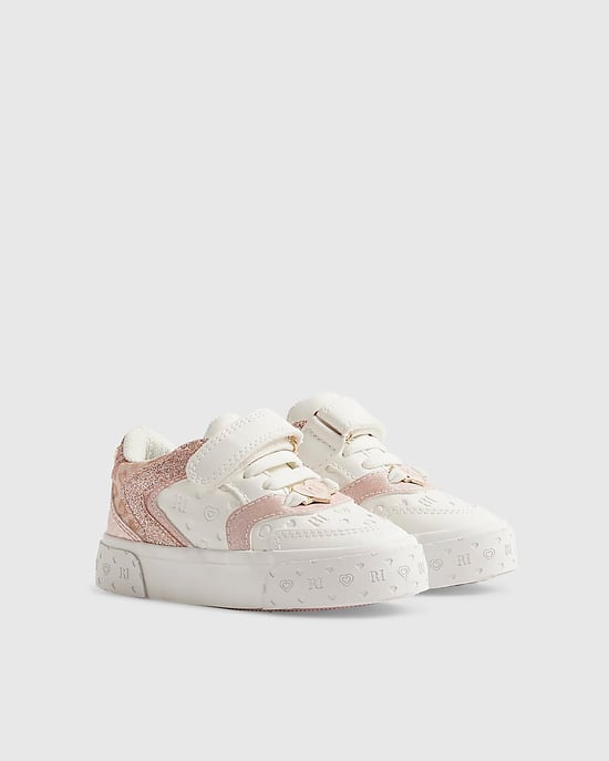 River Island Mini Girls Trainers White Monogram Glitter - Image 1