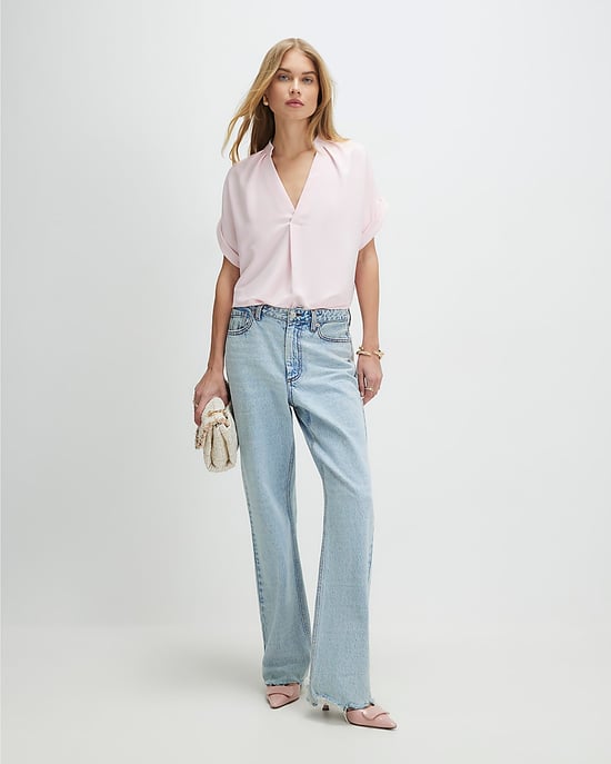 River Island Womens T-Shirt Pink Crepe Notch Neck Short Sleeve - Image 3