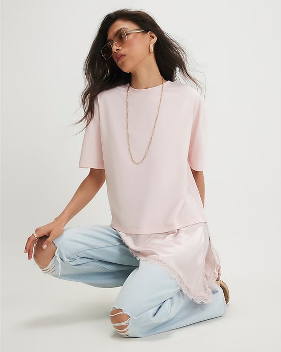 River Island Womens T-Shirt Pink Cotton Lace Hem Asymmetric - Image 1