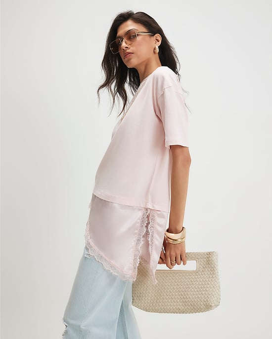 River Island Womens T-Shirt Pink Cotton Lace Hem Asymmetric - Image 2