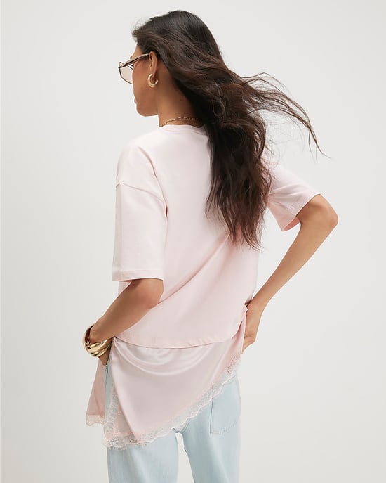 River Island Womens T-Shirt Pink Cotton Lace Hem Asymmetric - Image 3