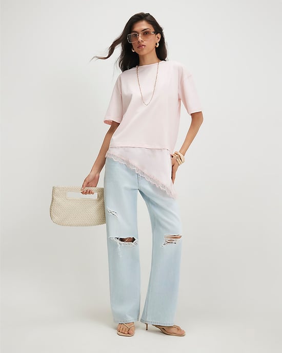 River Island Womens T-Shirt Pink Cotton Lace Hem Asymmetric - Image 4
