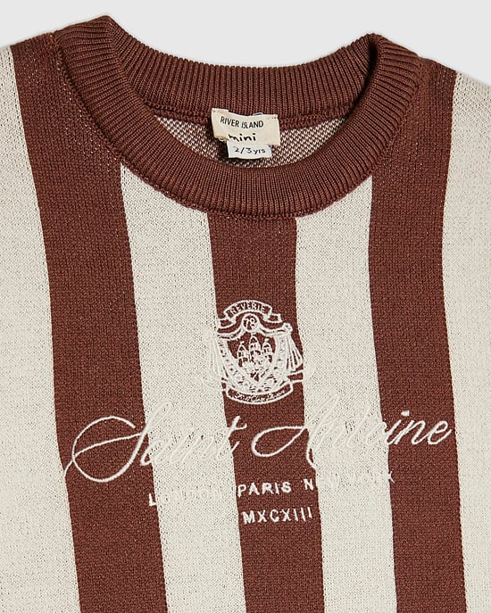 River Island Mini Boys T-Shirt Brown Stripe Football Crew Neck - Image 2