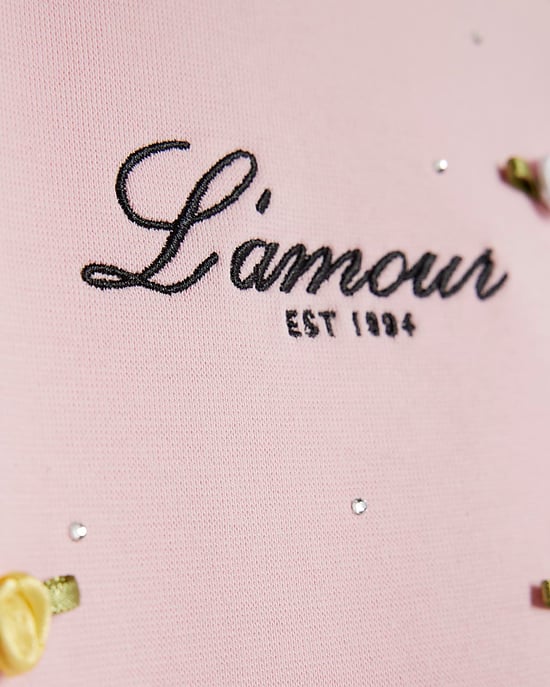 River Island Girls T-Shirt Pink L'amour Rosette Crew Neck - Image 3