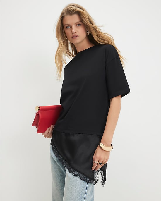 River Island Womens T-Shirt Black Cotton Lace Hem Asymmetric - Image 1