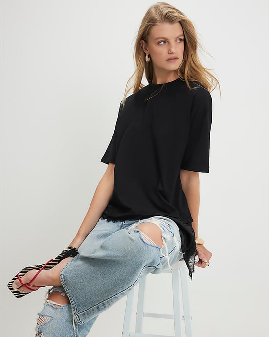River Island Womens T-Shirt Black Cotton Lace Hem Asymmetric - Image 2