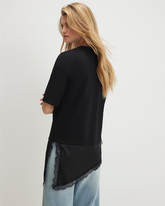 River Island Womens T-Shirt Black Cotton Lace Hem Asymmetric - Image 3