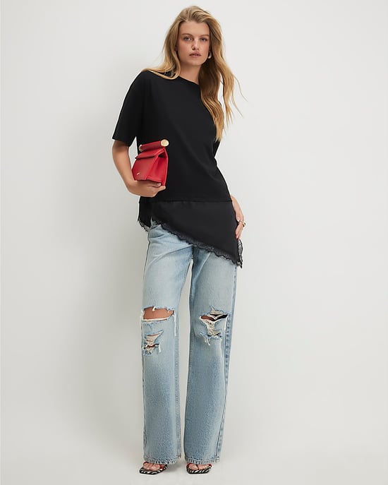 River Island Womens T-Shirt Black Cotton Lace Hem Asymmetric - Image 4