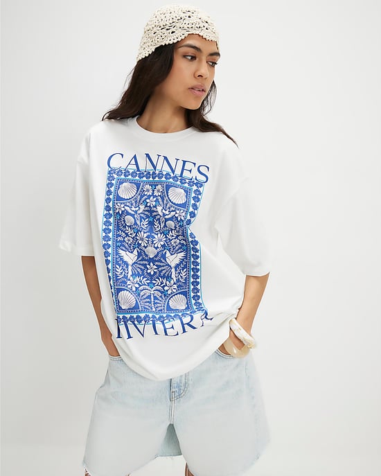 River Island Womens T-Shirt White Cotton Cannes Graphic - Image 1