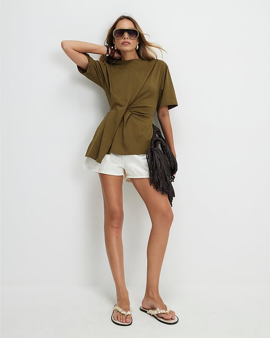 River Island Womens T-Shirt Khaki Cotton Short Sleeve Pleat Front - Image 4