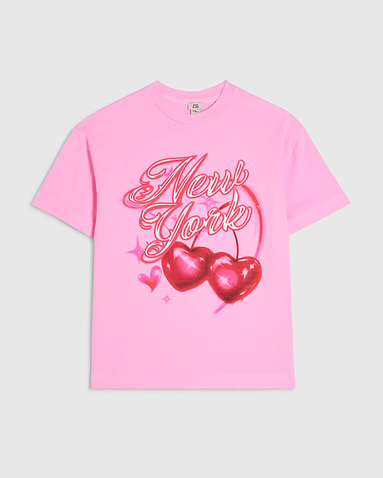 River Island Girls T-Shirt Pink Ny Cherry Airbrush Neon - Image 1