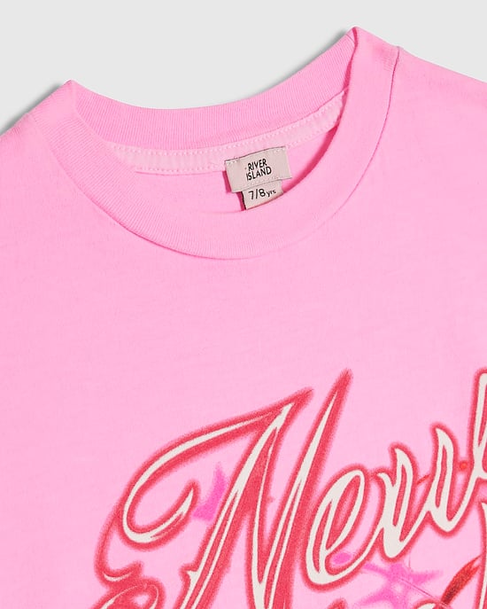 River Island Girls T-Shirt Pink Ny Cherry Airbrush Neon - Image 2