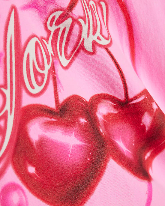 River Island Girls T-Shirt Pink Ny Cherry Airbrush Neon - Image 3