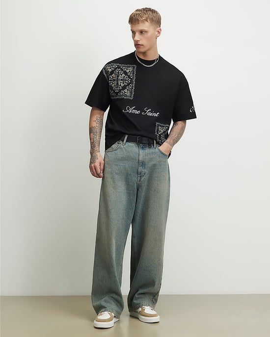 River Island Mens T-Shirt Black Cotton Ame Saint Midweight - Image 2