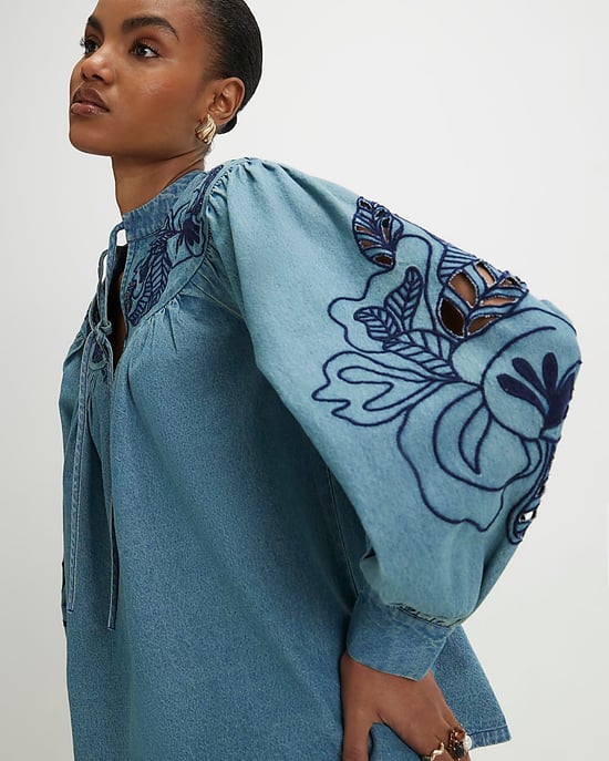 River Island Womens Blouse Blue Cutwork Embroidered Denim - Image 2