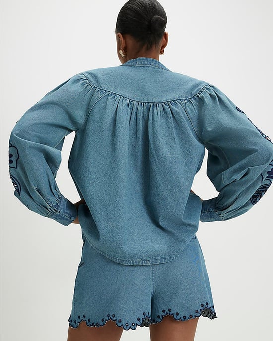 River Island Womens Blouse Blue Cutwork Embroidered Denim - Image 3