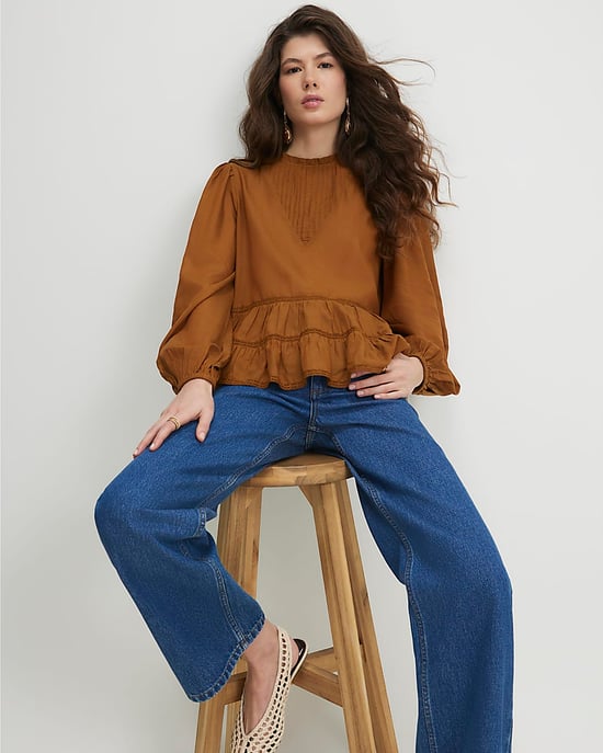 River Island Womens Smock Top Brown Long Sleeve Lace Detail - Image 2