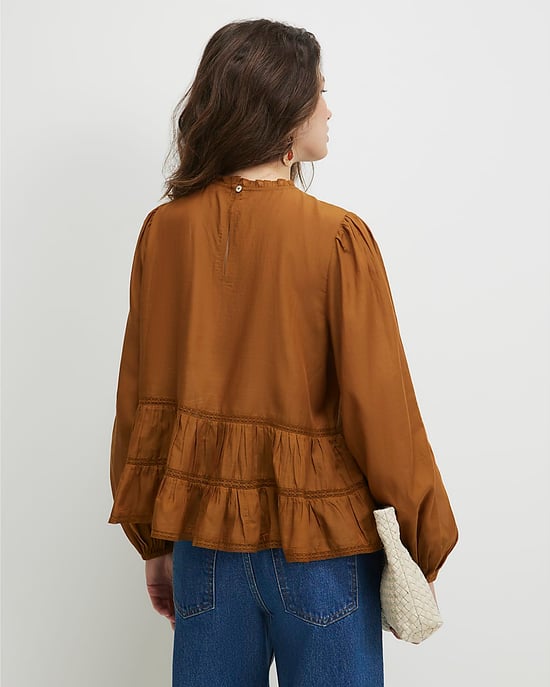 River Island Womens Smock Top Brown Long Sleeve Lace Detail - Image 3