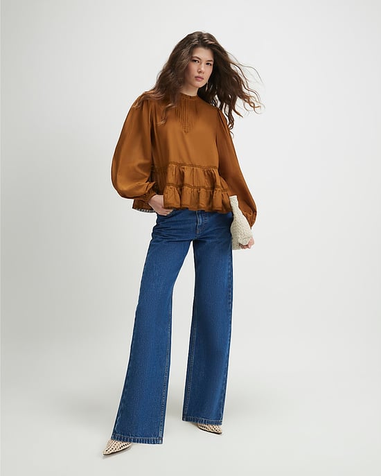 River Island Womens Smock Top Brown Long Sleeve Lace Detail - Image 4