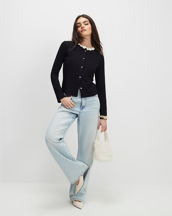 River Island Womens Top Black Long Sleeve Flower Trim - Image 2