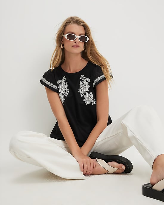 River Island Womens Blouse Black Applique Poplin Round Neck - Image 2