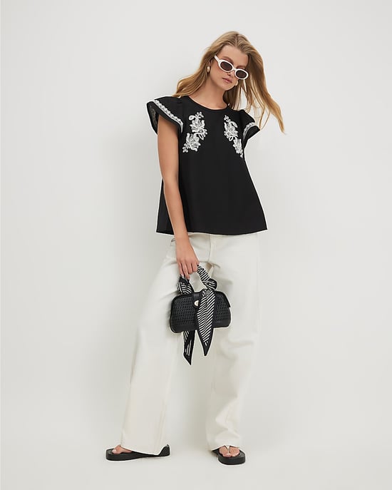River Island Womens Blouse Black Applique Poplin Round Neck - Image 4