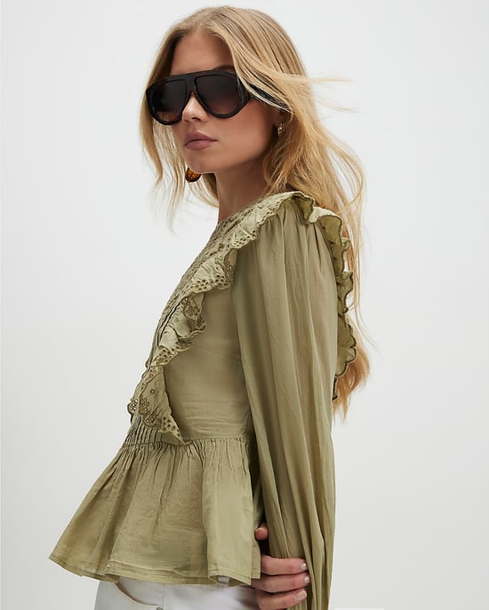 River Island Womens Blouse Khaki Cutwork Ruffle Pleated - Image 2