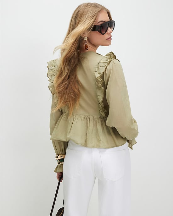 River Island Womens Blouse Khaki Cutwork Ruffle Pleated - Image 3