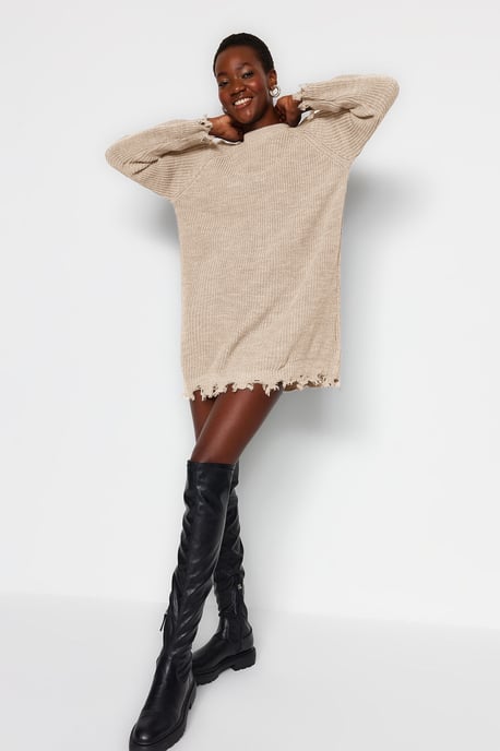 TRENDYOLMİLLA Women's Beige Plain Extra Short / Super Mini Long Casual Shift Dresses - Image 2