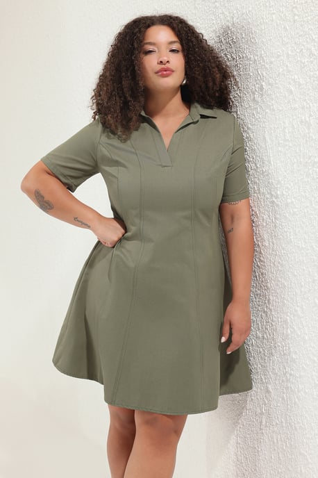 Trendyol Curve Dam Khaki Enfärgad Kort / Mini Kort Casual Skjortklänning Plus size Klänning - Image 6