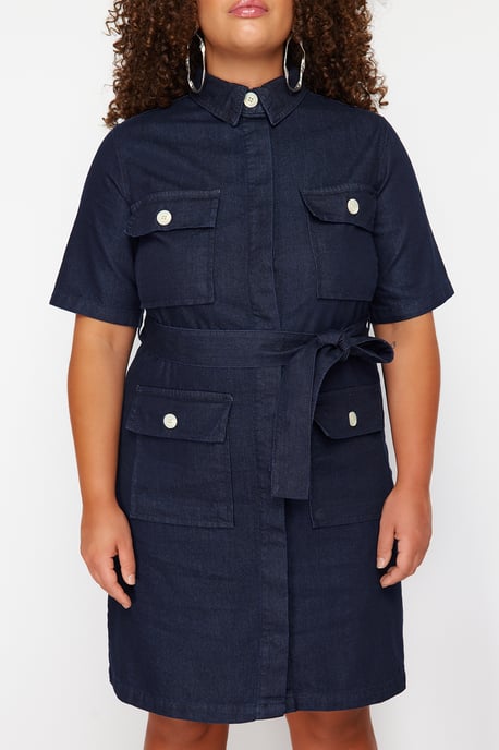Trendyol Curve Dam Mörkblå Enfärgad Kort / Mini Kort Casual Skjortklänning Plus size Klänning - Image 3