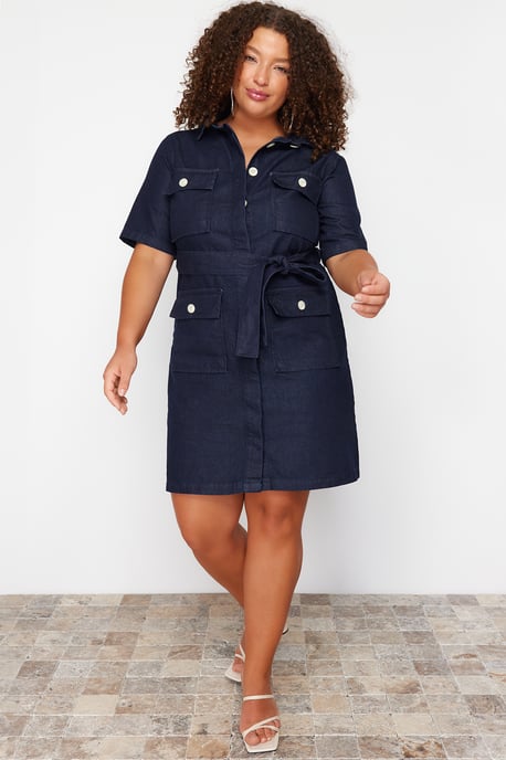 Trendyol Curve Dam Mörkblå Enfärgad Kort / Mini Kort Casual Skjortklänning Plus size Klänning - Image 6