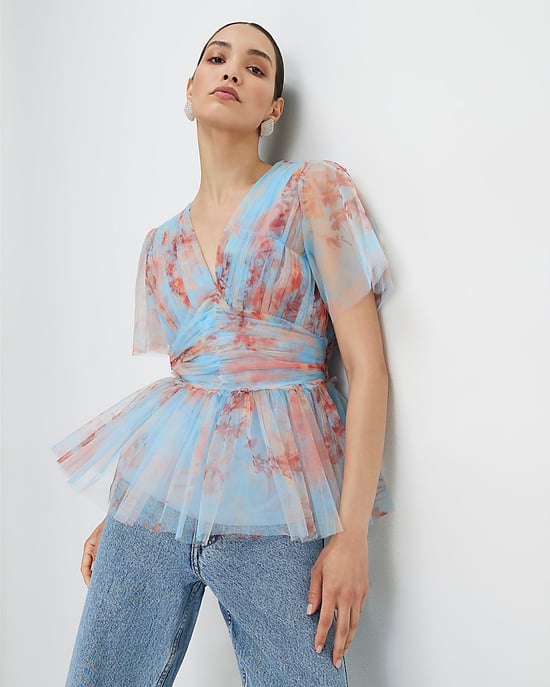 River Island Womens Tulle Top Blue Short Sleeve V-Neck - Image 1