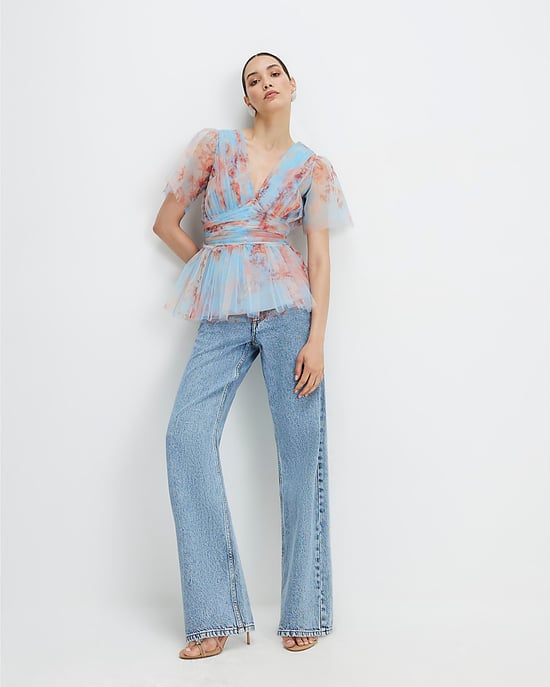 River Island Womens Tulle Top Blue Short Sleeve V-Neck - Image 2