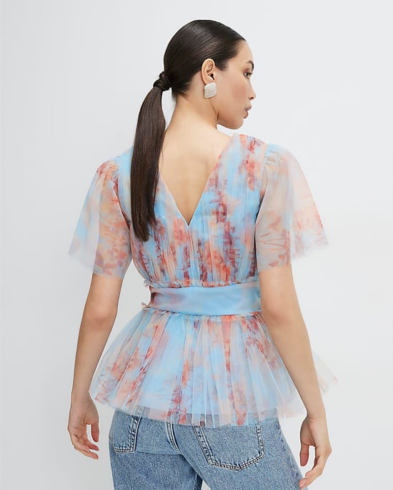 River Island Womens Tulle Top Blue Short Sleeve V-Neck - Image 3