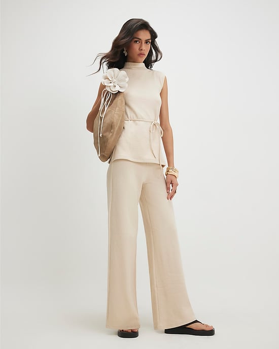 River Island Womens Top Beige Cotton Blend Textured Tie Belt - Image 2
