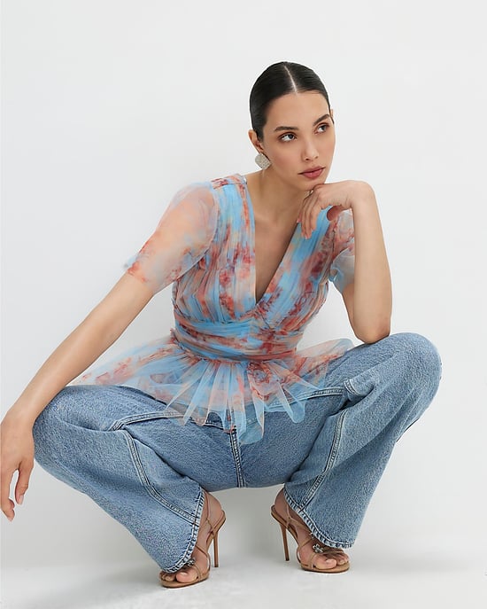 River Island Womens Tulle Top Blue Short Sleeve V-Neck - Image 4