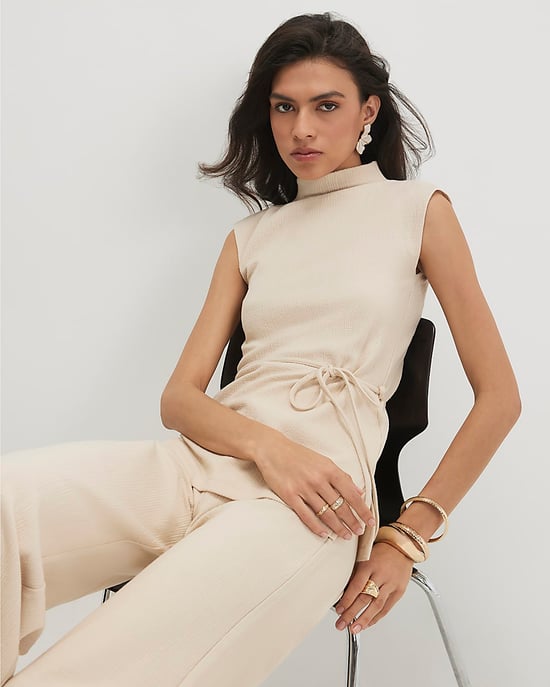 River Island Womens Top Beige Cotton Blend Textured Tie Belt - Image 4