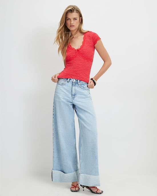 River Island Womens Top Red Cap Sleeve Textured Lace Trim - Image 4