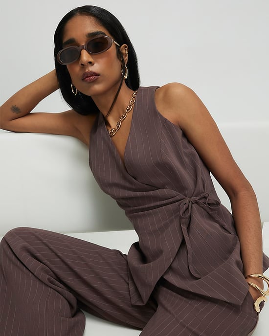 River Island Womens Top Brown Striped Soft Tie Front - Image 2