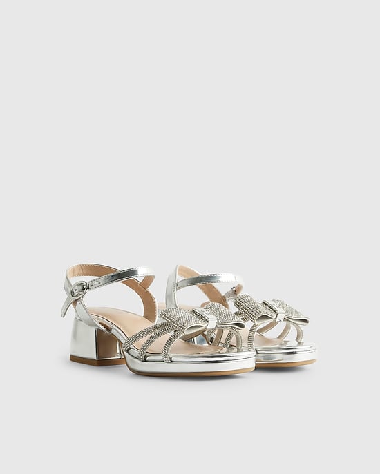 River Island Girls Heeled Sandals Silver Diamante Bow - Image 1