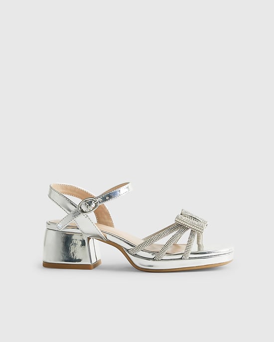 River Island Girls Heeled Sandals Silver Diamante Bow - Image 2